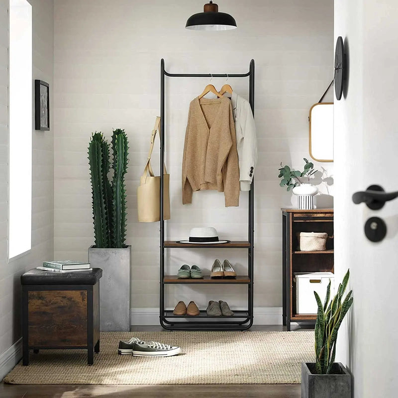 Styish Entryway Coat and Shoe Rack by Vasagle - black steel frame and rustic brown wooden seat and shelf plus one wire shelf for storing shoes. Also includes hooks on the side for hanging bags and umbrellas