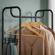 Styish Entryway Coat and Shoe Rack by Vasagle - black steel frame and rustic brown wooden seat and shelf plus one wire shelf for storing shoes. Also includes hooks on the side for hanging bags and umbrellas