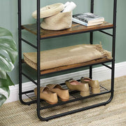 Styish Entryway Coat and Shoe Rack by Vasagle - black steel frame and rustic brown wooden seat and shelf plus one wire shelf for storing shoes. Also includes hooks on the side for hanging bags and umbrellas