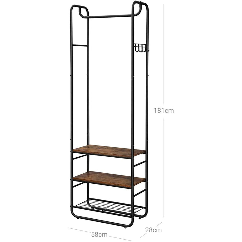 Styish Entryway Coat and Shoe Rack by Vasagle - black steel frame and rustic brown wooden seat and shelf plus one wire shelf for storing shoes. Also includes hooks on the side for hanging bags and umbrellas