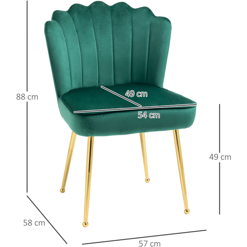 Green Velvet Shell Back Chair With Gold Metal Legs