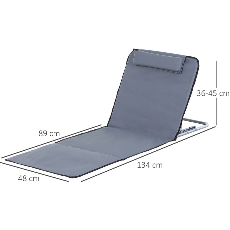 Outsunny Set of 2 Foldable Garden Beach Chair Mat Lightweight Outdoor Sun Lounger Seats Adjustable Back Metal Frame PE Fabric Head Pillow, Grey Outsunny