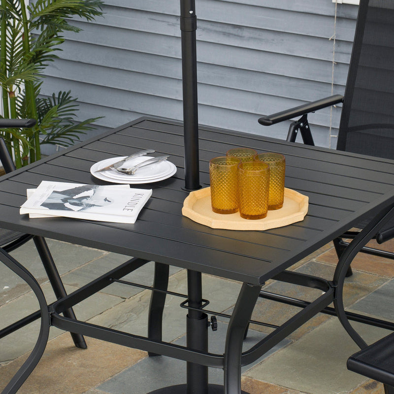 4 Person Square Garden Table For Outdoor Dining - Slatted Metal Plate Top With Parasol Hole - Black Outsunny