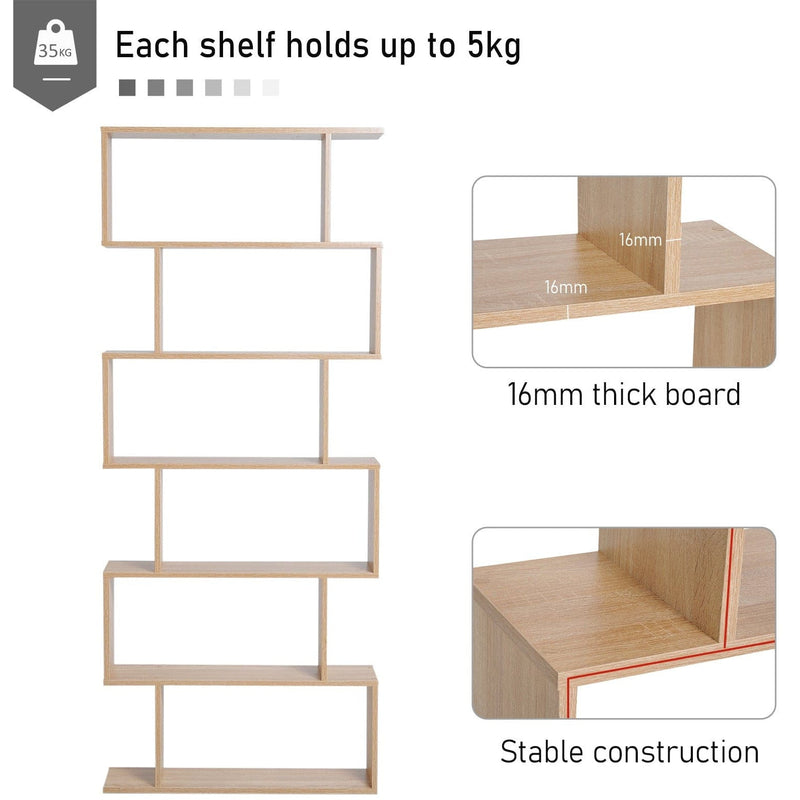 Wooden S Shape Storage Display, 6 Shelves, Room Divider