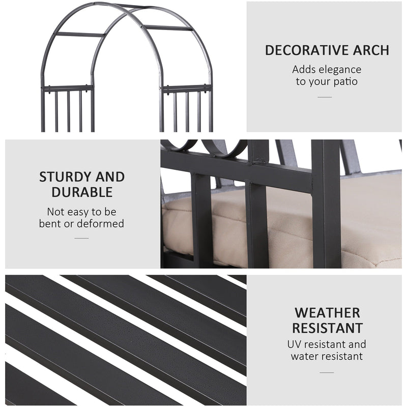 Metal Arch Garden Bench with Cushion, 114x60x206cm, Black Outsunny