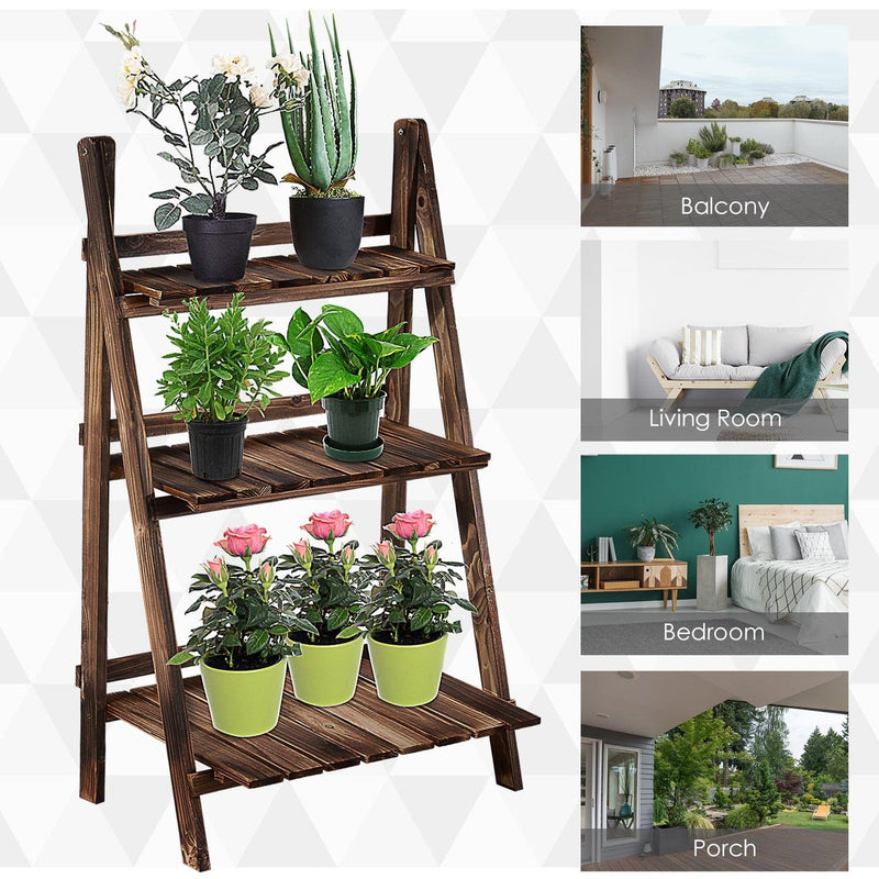 3 Tier Folding Wooden Garden Plant Stand, L60xW37xH93cm Homcom