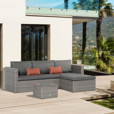3 Piece Rattan Corner Sofa Set with Glass Table, Grey Outsunny