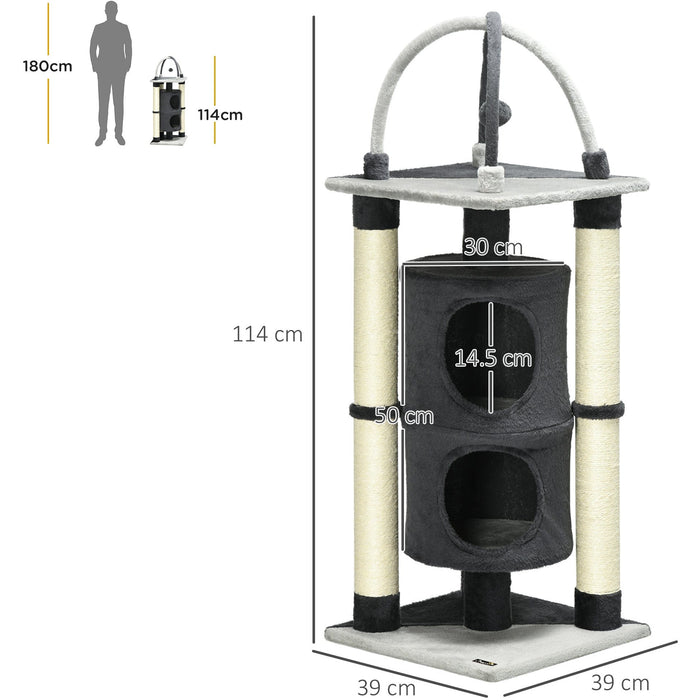 Grey Cat Tree with House & Hanging Ball