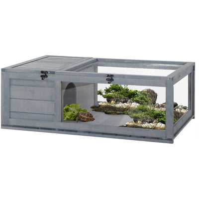 Wooden Tortoise House With Mesh Roof - Grey Pawhut