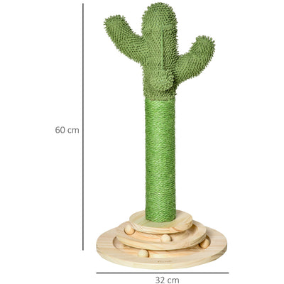 Cactus Cat Tree Post, Hanging Ball, 32x32x60cm, Green Pawhut