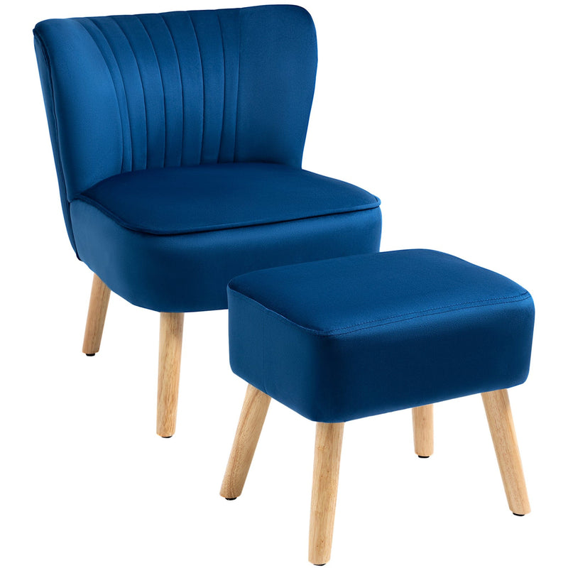Contemorary Blue Velvet Accent Chair With Footstool