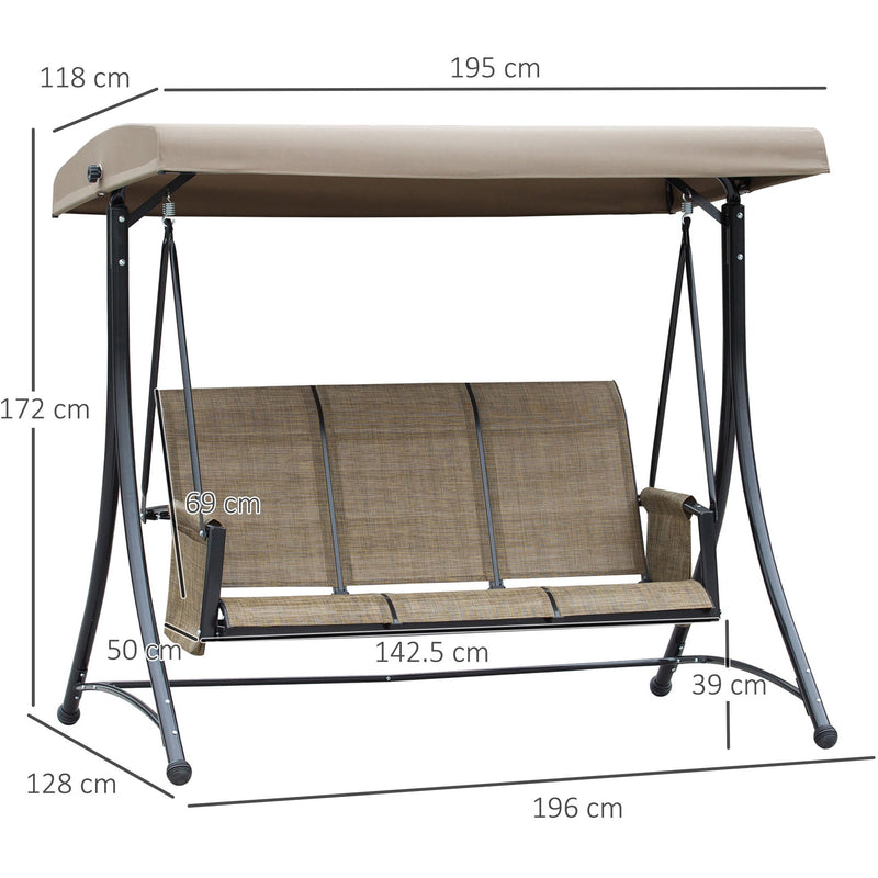 3 Person Garden Swing Chair With Side Pockets, Canopy Outsunny