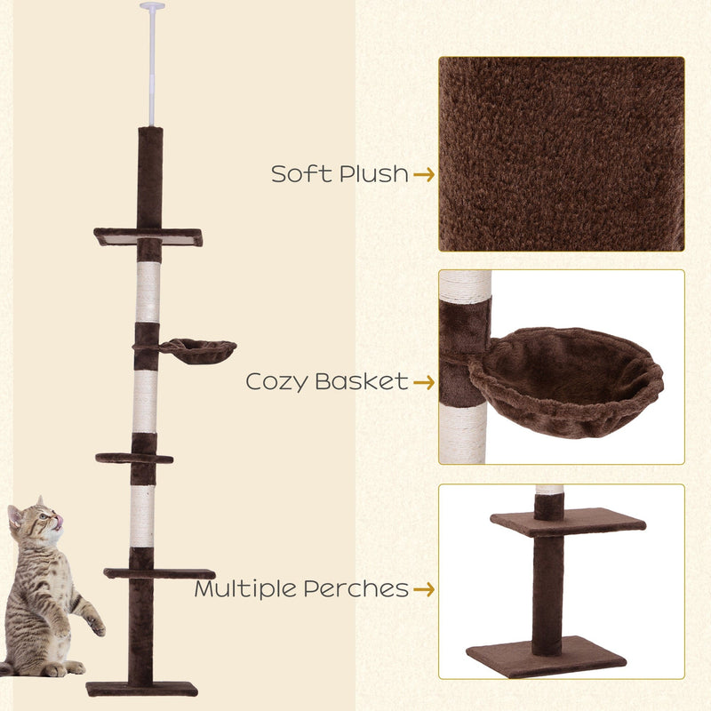 Brown Cat Tree: 5-Tier, Adjustable (230-260cm)