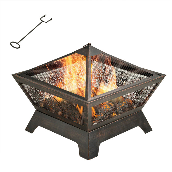 Metal Square Outdoor Fire Pit - Spark Screen, Poker
