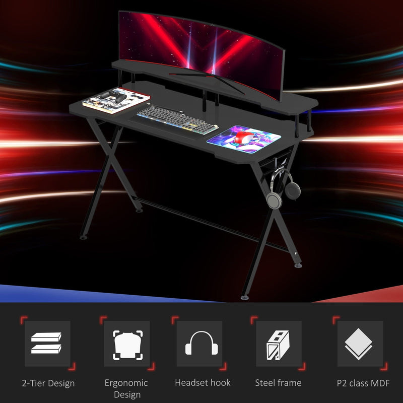 Gaming Desk With Shelves, X Frame, Headphone Hook, Black Homcom