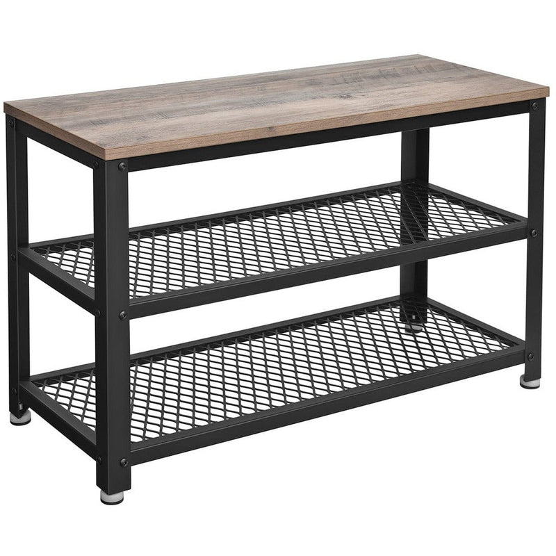 Vasagle Small Shoe Bench For Entryway - Black steel frame with a brown wooden top that can be used a seat, 2 open shlelves for shoes