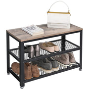 Vasagle Small Shoe Bench For Entryway - Black steel frame with a brown wooden top that can be used a seat, 2 open shlelves for shoes