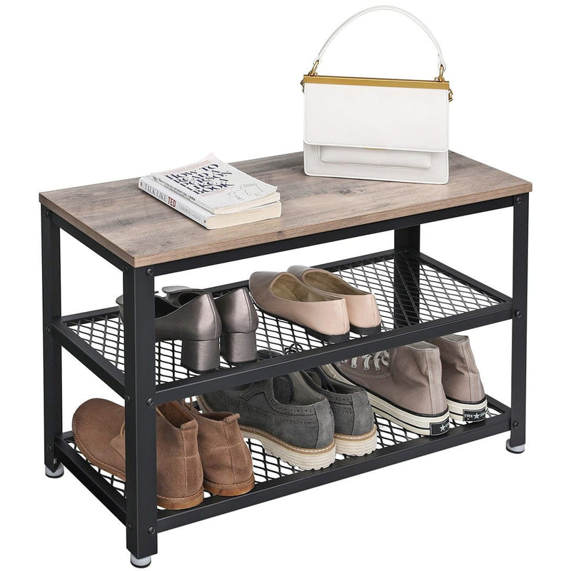 Vasagle Small Shoe Bench For Entryway - Black steel frame with a brown wooden top that can be used a seat, 2 open shlelves for shoes