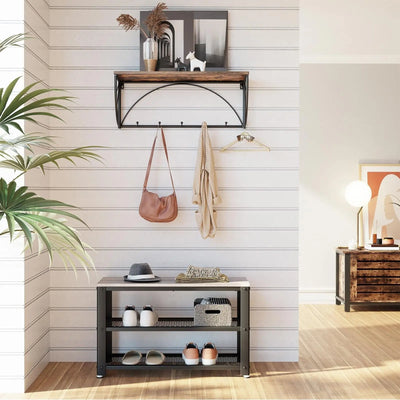 Vasagle Small Shoe Bench For Entryway - Black steel frame with a brown wooden top that can be used a seat, 2 open shlelves for shoes