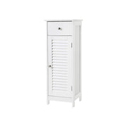 Vasagle White Freestanding Bathroom Floor Cabinet With Single Drawer and a cabinet with louvered door and chrome handles