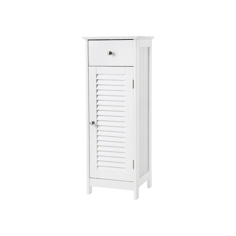 Vasagle White Freestanding Bathroom Floor Cabinet With Single Drawer and a cabinet with louvered door and chrome handles