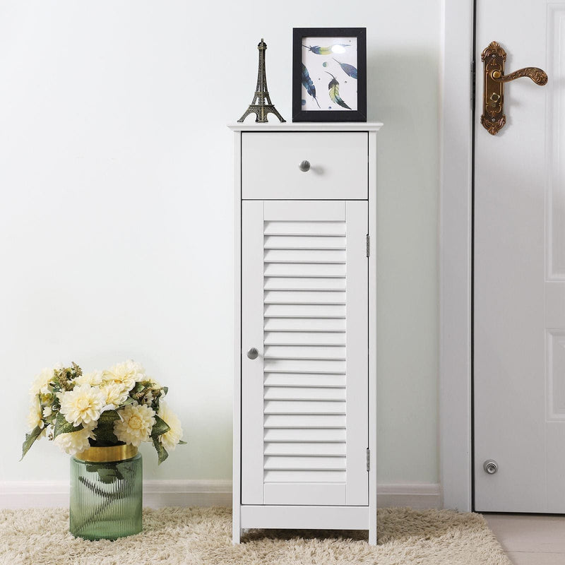 Vasagle White Freestanding Bathroom Floor Cabinet With Single Drawer and a cabinet with louvered door and chrome handles