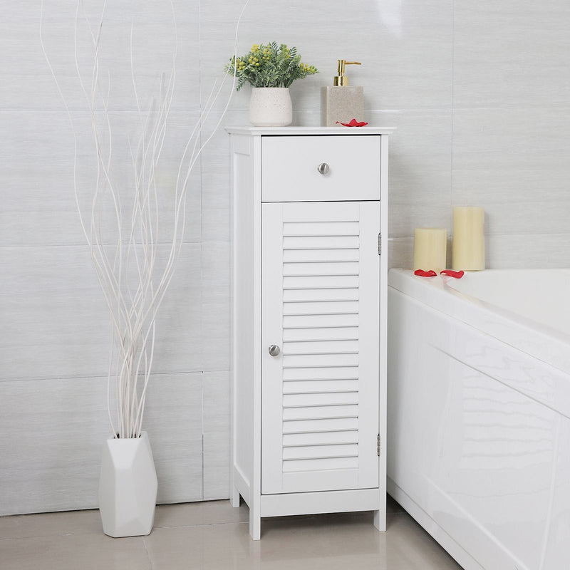 Vasagle White Freestanding Bathroom Floor Cabinet With Single Drawer and a cabinet with louvered door and chrome handles