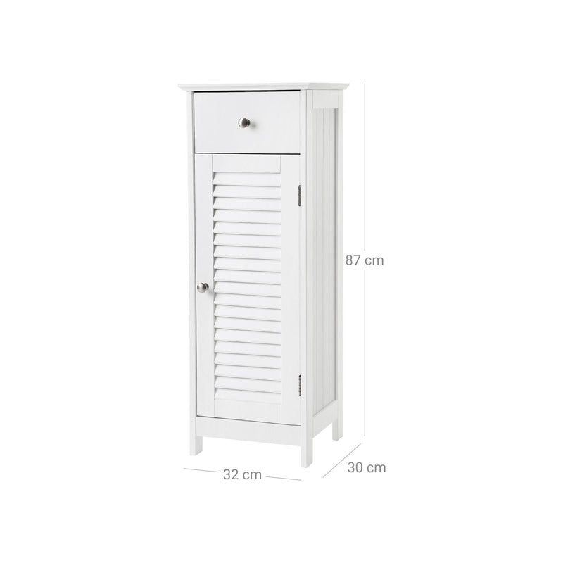 Vasagle White Freestanding Bathroom Floor Cabinet With Single Drawer and a cabinet with louvered door and chrome handles