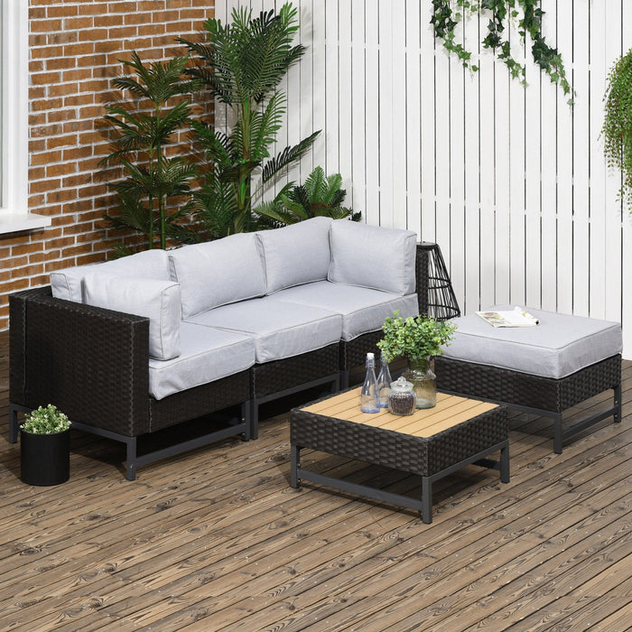 Outdoor Rattan Corner Sofa with Wood Grain Table & Cushions