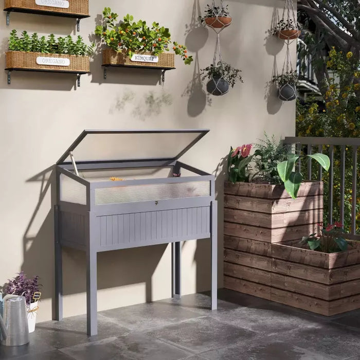Grey Small Raised Wooden Cold Frame Greenhouse Open Lid 