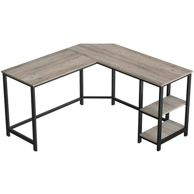 L Shaped Computer Desk With Shelves by Vasagle - Features a black steel frame with greige desktop, and two shelves underneath to the right