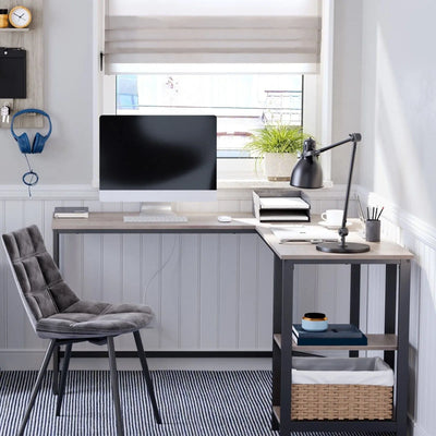 L Shaped Computer Desk With Shelves by Vasagle - Features a black steel frame with greige desktop, and two shelves underneath to the right