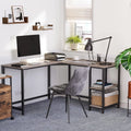 L Shaped Computer Desk With Shelves by Vasagle - Features a black steel frame with greige desktop, and two shelves underneath to the right