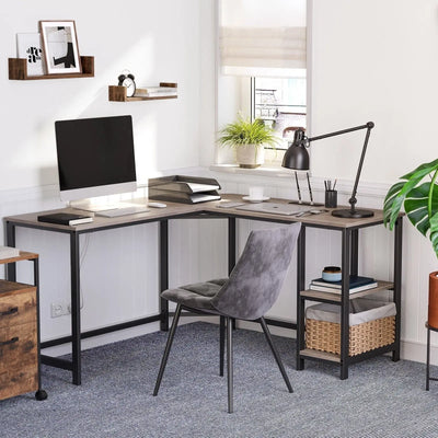 L Shaped Computer Desk With Shelves by Vasagle - Features a black steel frame with greige desktop, and two shelves underneath to the right