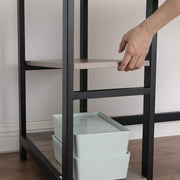 L Shaped Computer Desk With Shelves by Vasagle - Features a black steel frame with greige desktop, and two shelves underneath to the right