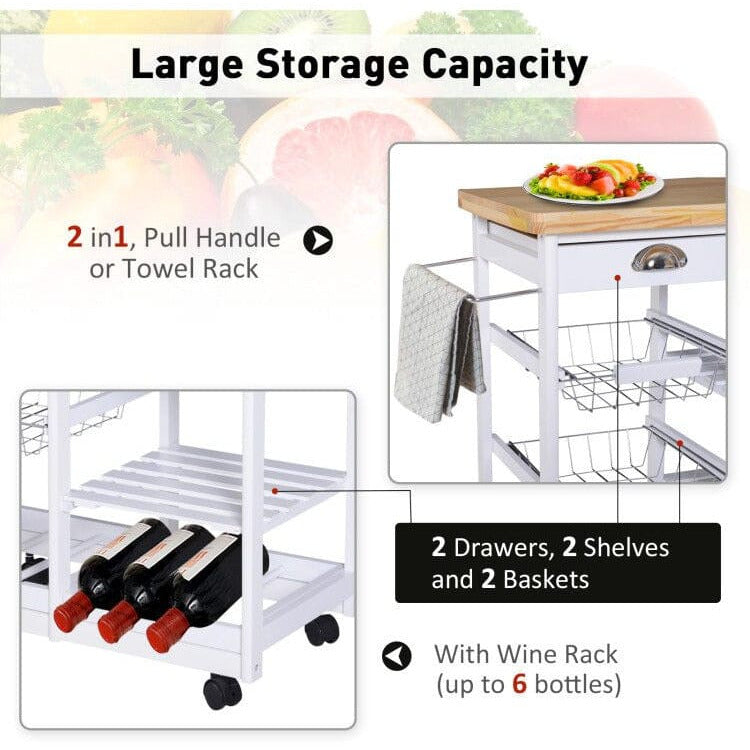 Kitchen Island With Wine Rack, White With Pine Top