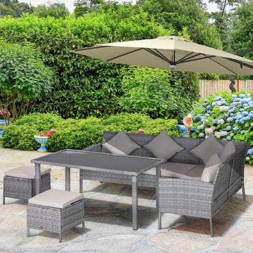 Stylish 6 Seat Garden Dining Set, Corner Sofa, Table & Stools Outsunny