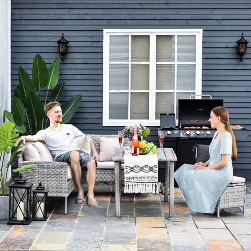 Stylish 6 Seat Garden Dining Set, Corner Sofa, Table & Stools