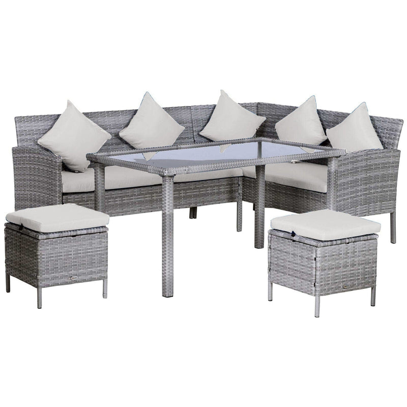 Stylish 6 Seat Garden Dining Set, Corner Sofa, Table & Stools Outsunny