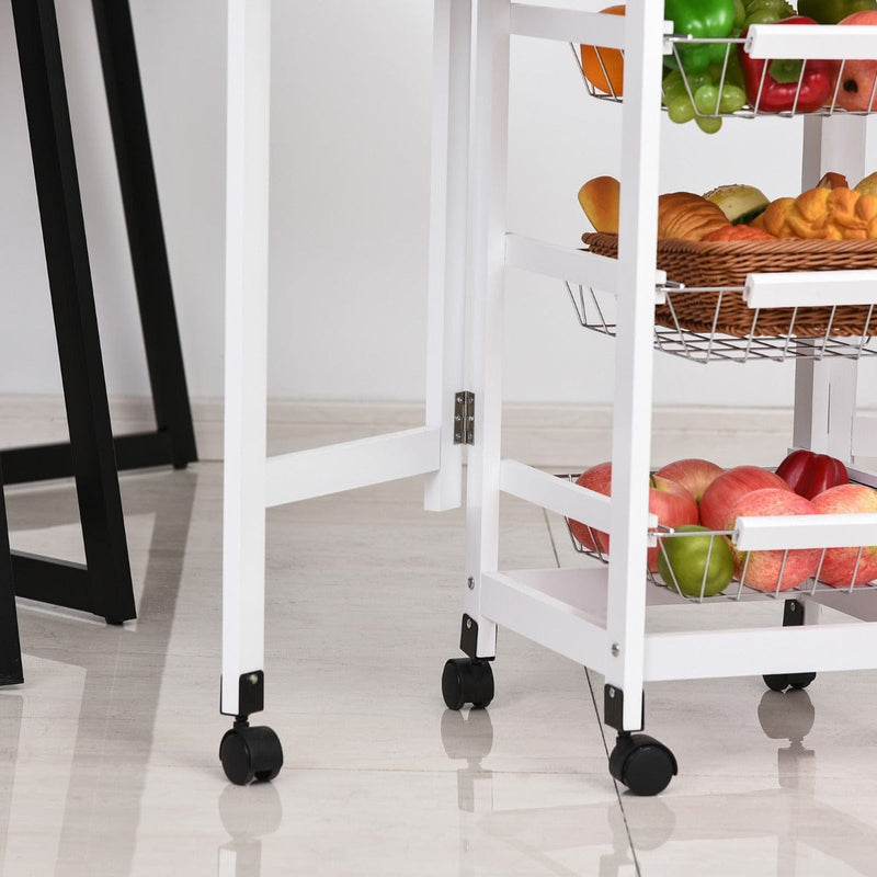Kitchen Trolley on Wheels, Drop Leaf, 3 Baskets, White Oak