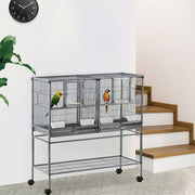 PawHut Double Rolling Metal Bird Cage Parrot Cage with Removable Metal Tray, Storage Shelf, Wood Perch, and Food Container Pawhut