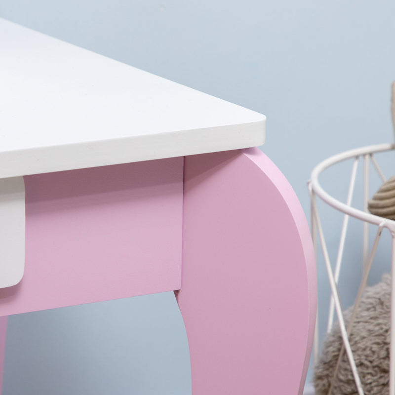 Pink Kids Vanity: Dressing Table, Mirror, Stool, Round Legs