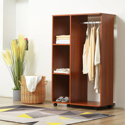 Open Wardrobe with Hanging Rail and Wheels, Walnut Homcom