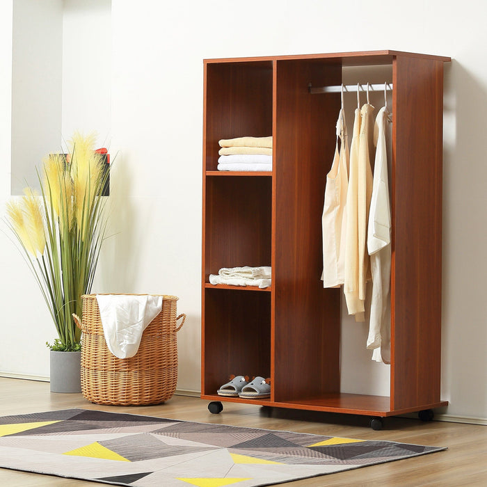 Open Wardrobe with Hanging Rail and Wheels, Walnut