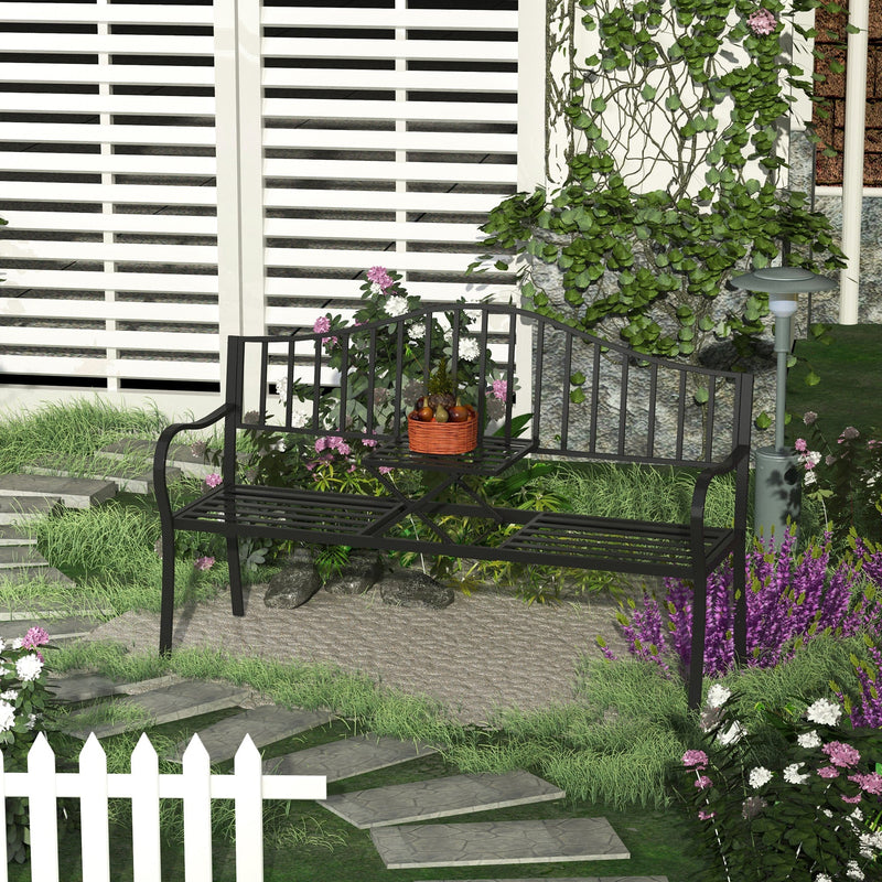 Outsunny Outdoor Metal Frame Bench Patio Park Garden Seating Chair with Foldable Middle Table Outsunny