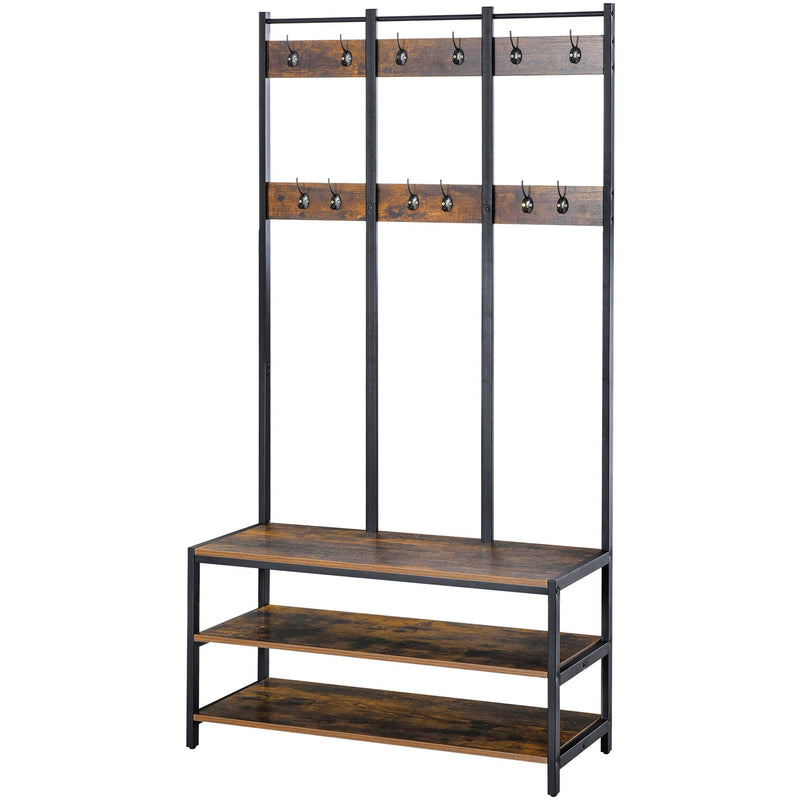 Rustic Brown Hall Tree Coat Stand, Bench, Shoe Rack