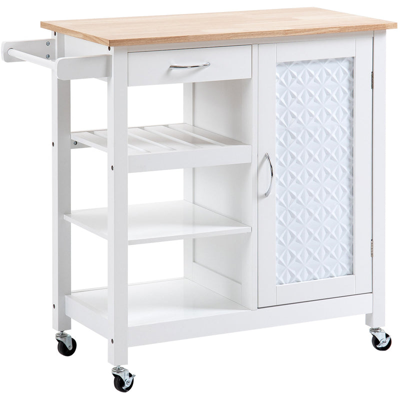Kitchen Cart on Wheels, Embossed Door, Drawer, White