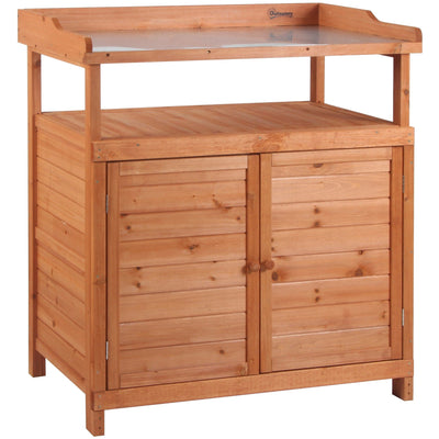Potting Bench With Cupboard, Galvanized Top - 98x47x105 cm Outsunny