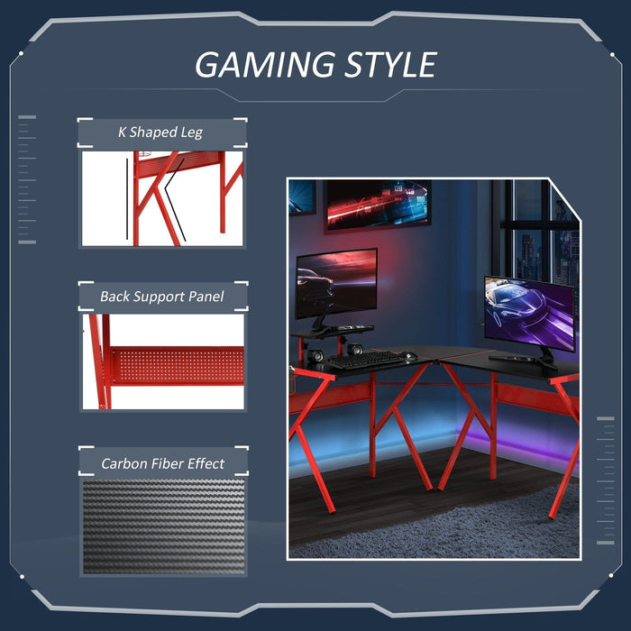 L Shaped Gaming Desk With Monitor Stand, Headset Hook, Red