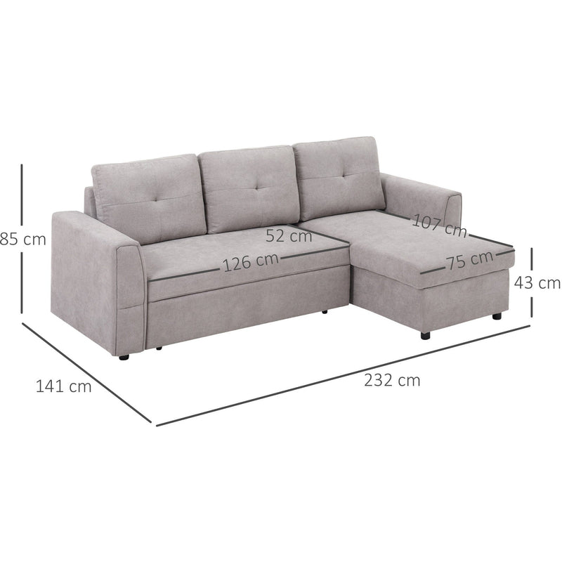 Grey Linen L Shaped Sofa Bed with Storage